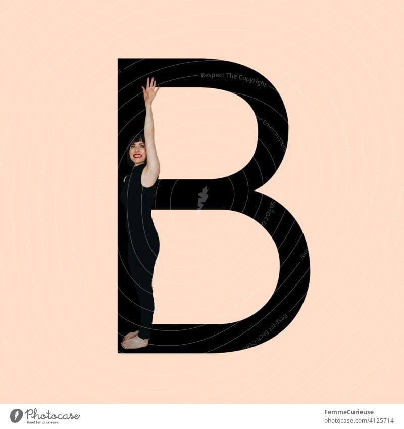 Graphic shows black letter B of the Latin alphabet against a skin-colored background and integrated photographic full-body shot of a posing brunette woman with bob hairstyle in black one-piece suit