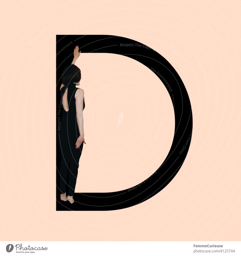 Graphic shows black letter D of the Latin alphabet against a skin-colored background and integrated photographic full-body shot of a posing brunette woman with bob hairstyle in black one-piece suit