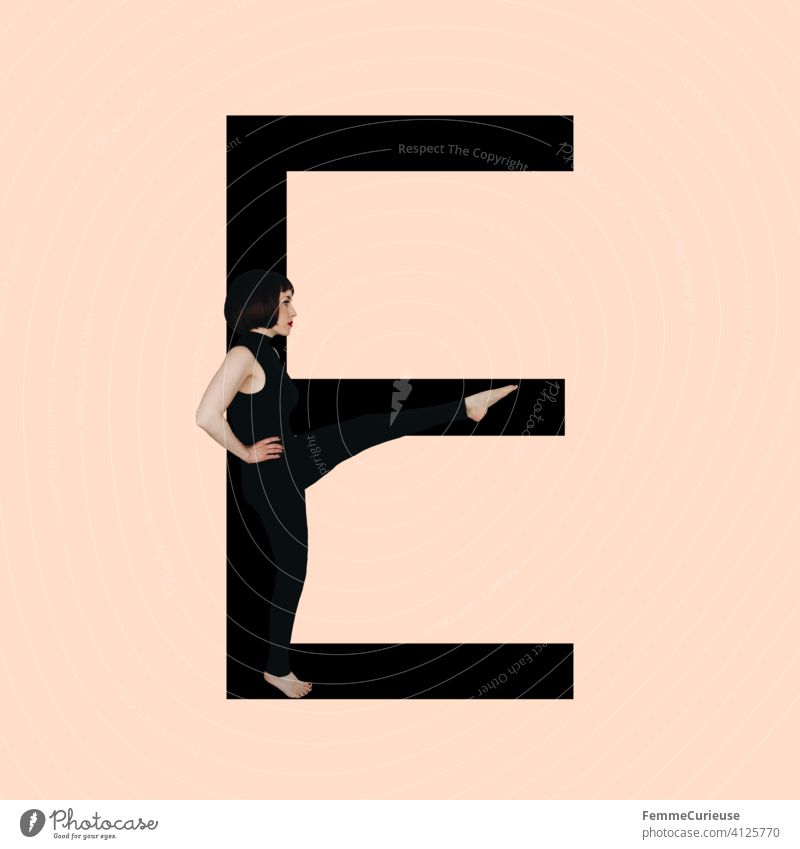 Graphic shows black letter E of the Latin alphabet against a skin-colored background and integrated photographic full-body shot of a posing brunette woman with bob hairstyle in black one-piece suit