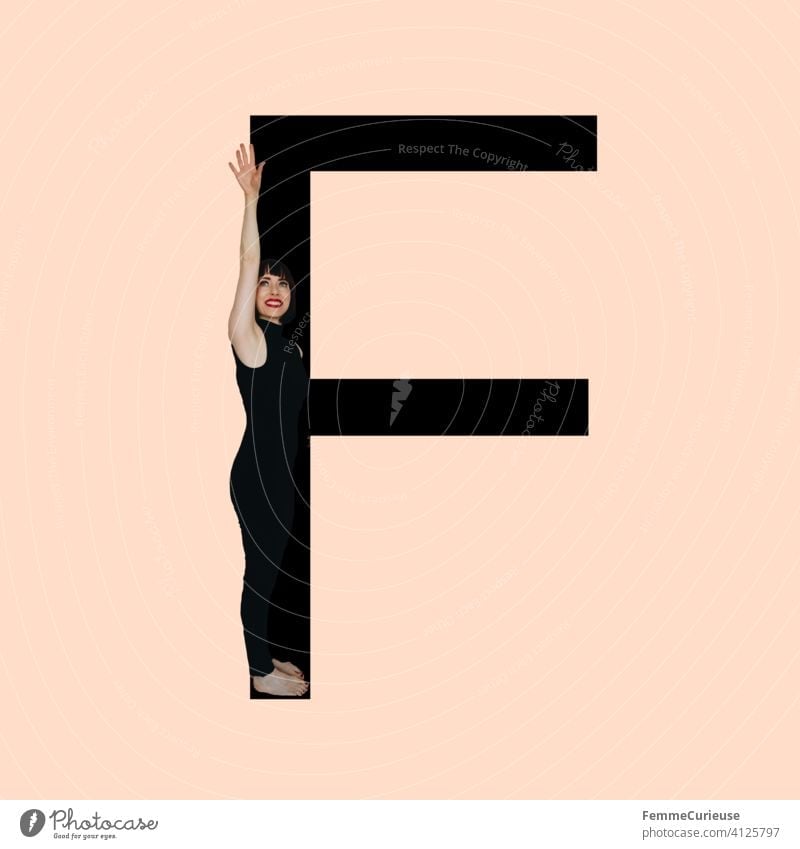 Graphic shows black letter F of the Latin alphabet against a skin-colored background and integrated photographic full-body shot of a posing brunette woman with bob hairstyle in black one-piece suit