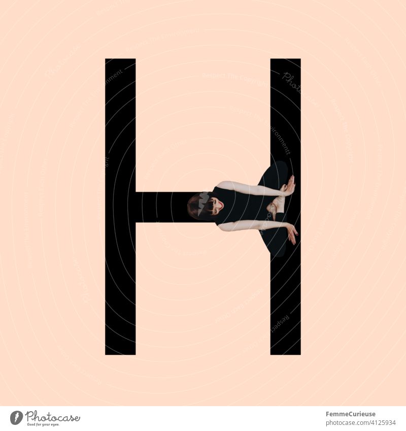 Graphic shows black letter H of the Latin alphabet against a skin-coloured background and integrated photographic full-body shot of a posing brunette woman with bob hairstyle in a black one-piece suit