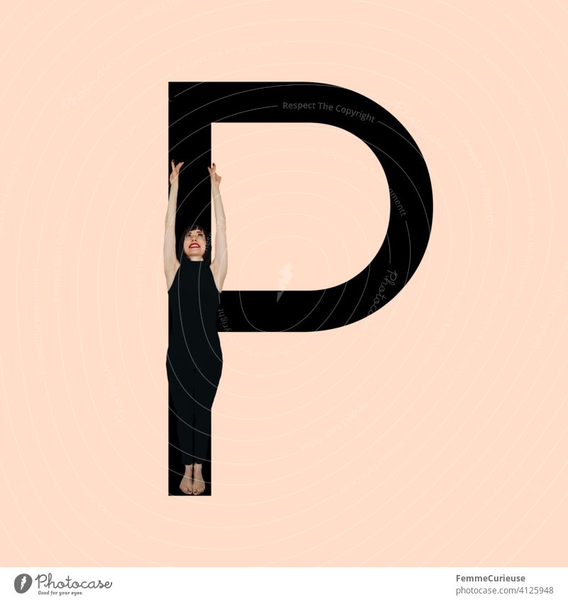 Graphic shows black letter P of the Latin alphabet against a skin-coloured background and integrated photographic full-body shot of a posing brunette woman with bob hairstyle in black one-piece suit