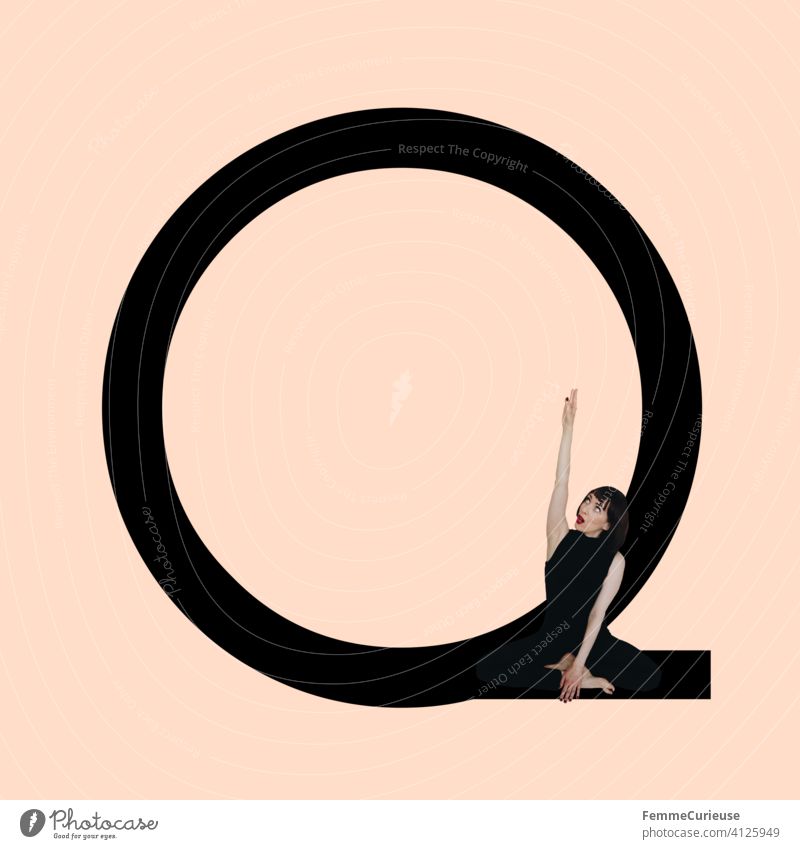 Graphic shows black letter Q of the Latin alphabet against a skin-colored background and integrated photographic full-body shot of a posing brunette woman with bob hairstyle in black one-piece suit