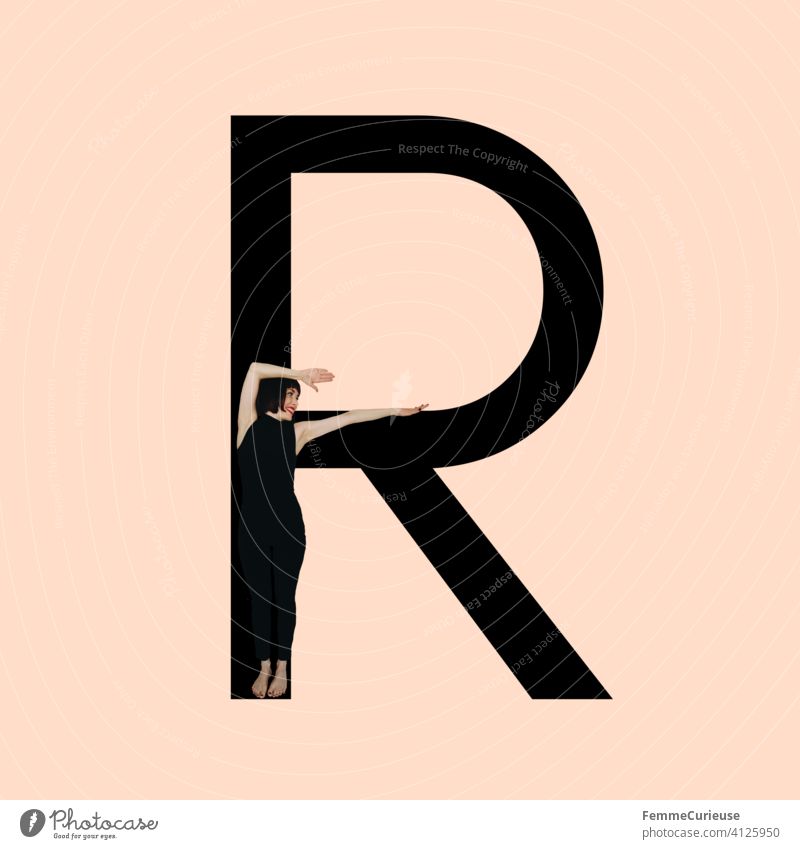 Graphic shows black letter R of the Latin alphabet against a skin-colored background and integrated photographic full-body shot of a posing brunette woman with bob hairstyle in black one-piece suit