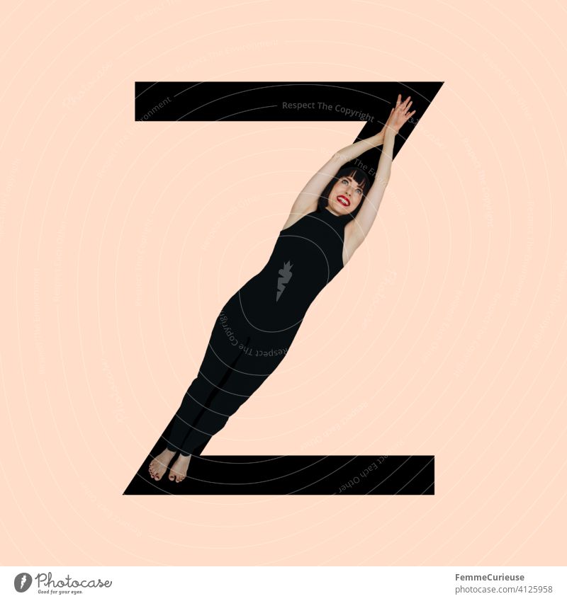 Graphic shows black letter Z of the Latin alphabet against a skin-colored background and integrated photographic full-body shot of a posing brunette woman with bob hairstyle in black one-piece suit