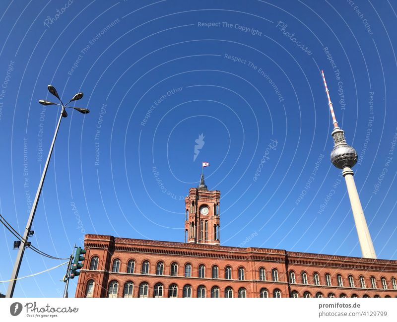 Spring over Berlin with Red City Hall and TV Tower / Photo: Alexander Hauk City hall Building Television tower Landmark Sky Deserted Traffic light Lighting