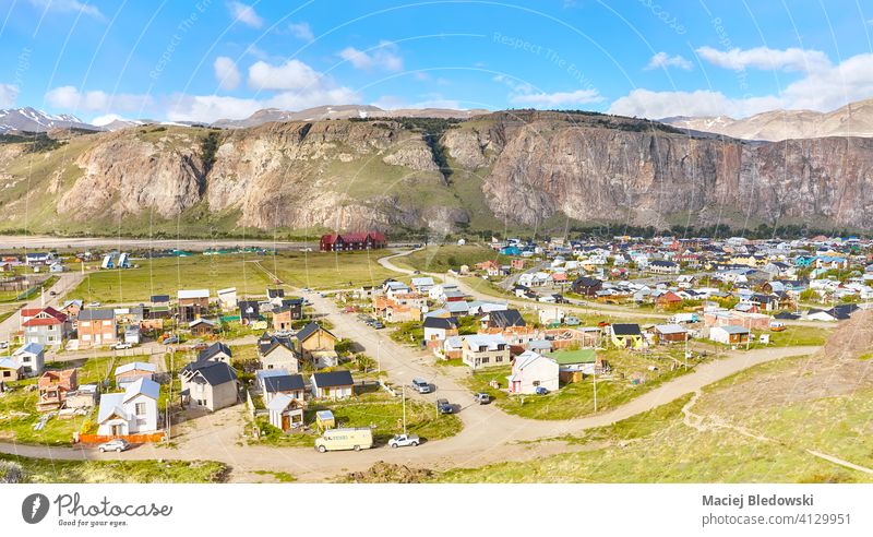 Aerial view of El Chalten, Argentina Patagonia village aerial landscape street house mountain town America park national Fitz Roy climbing south sky cliff Andes