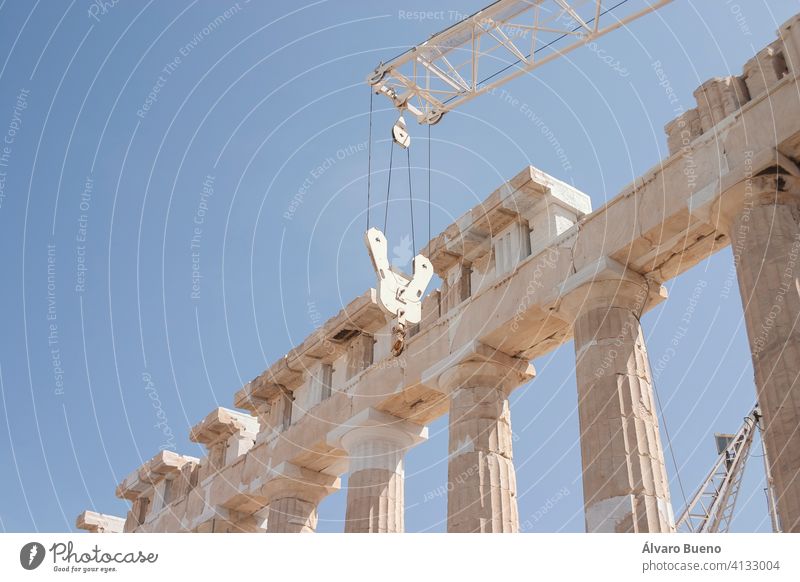 Detail of the columns and ruins of the ancient Greek acropolis, in the center of Athens, example of classical architecture. greece mediterranean europe