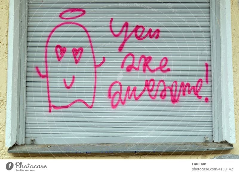 "you are awesome" declaration of love in pink on grey shutter Graffiti Love Declaration of love Spring fever compliment Display of affection Together With love