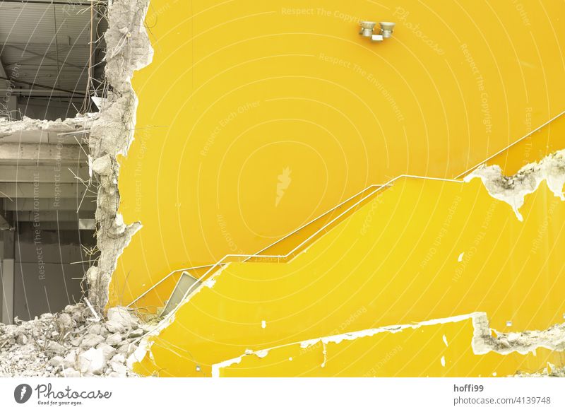 Demolition of a modern building - the yellow staircase will soon be gone Building for demolition outline Deconstruction Destruction Yellow Broken Decline