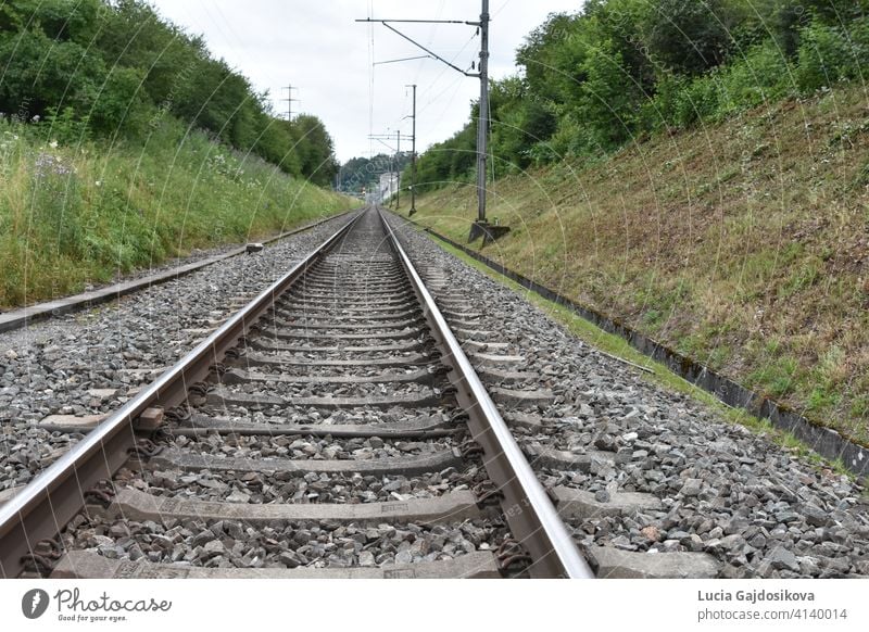 Railroad tracks in ditch lined by electric posts stretching into the distance. background column concept day direction distant far gravel green horizon industry