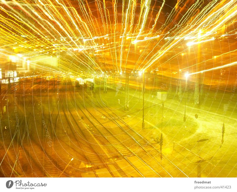 rail zoom Railroad tracks Night Long exposure Electricity Light Control barrier Lamp Zoom effect Train station
