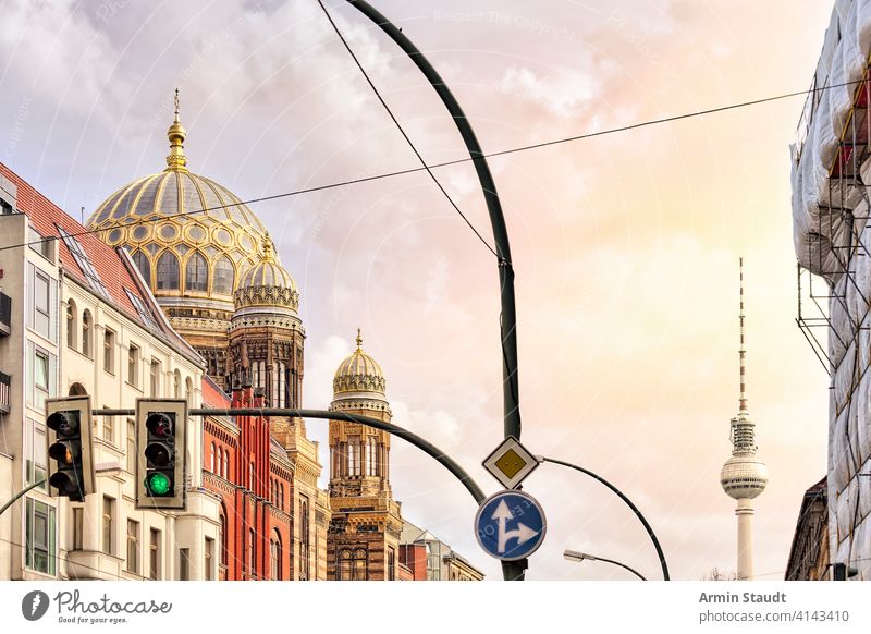 synagoge Berlin and TV tower with traffic light in front architecture attraction berlin building city cityscape construction culture destination downtown europe