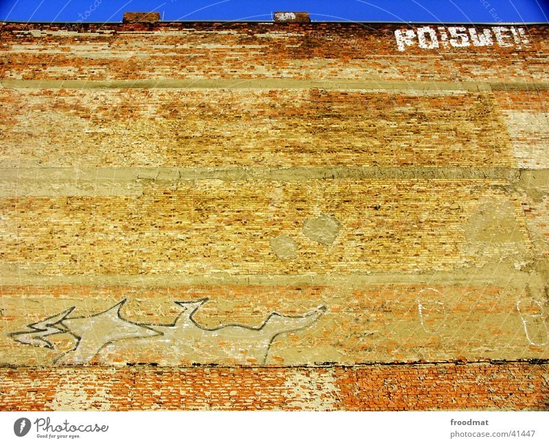 much wall = little sky Frontal Minimal Wall (barrier) Brick Cottbus Photographic technology Graffiti Sky Blue Chimney Old Derelict