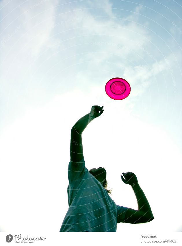 All Frisbees fly high Lifestyle Style Joy Leisure and hobbies Playing Summer Sportsperson Youth (Young adults) Arm Fingers Sky Clouds T-shirt Movement Catch