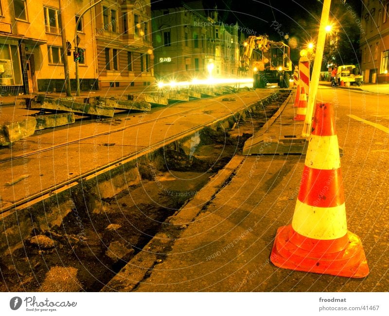 Technical Maintenance #1 Long exposure Railroad tracks Tram Night Traffic light Work and employment Night work Cottbus Machinery Excavator Street Conical