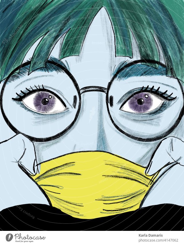 illustration of a woman with blue skin and a yellow mask and green hair female lip character comic speech girl surprise background mouth open retro sexy style