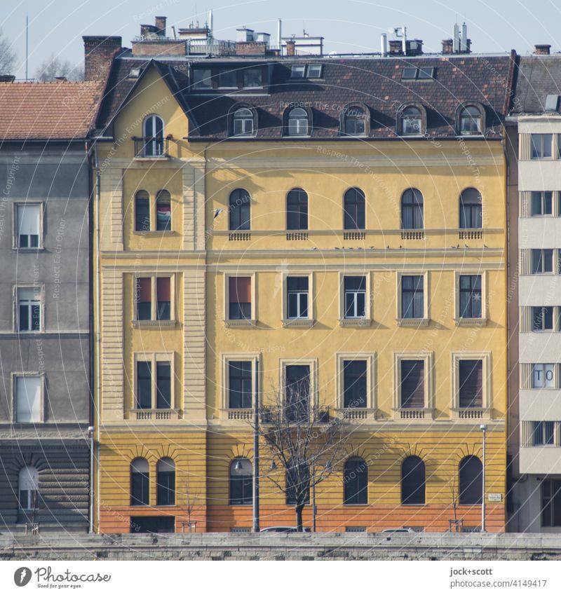 Budapest town house Facade Architecture Town house (City: Block of flats) Bank reinforcement Authentic Orange Style Sunlight Colour scheme Structures and shapes