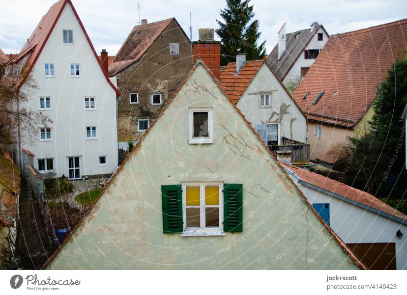 triangular wall formed by a sloping roof Old town Panorama (View) city view Architecture Nördlingen Roofscape Gable roofs Facade Authentic