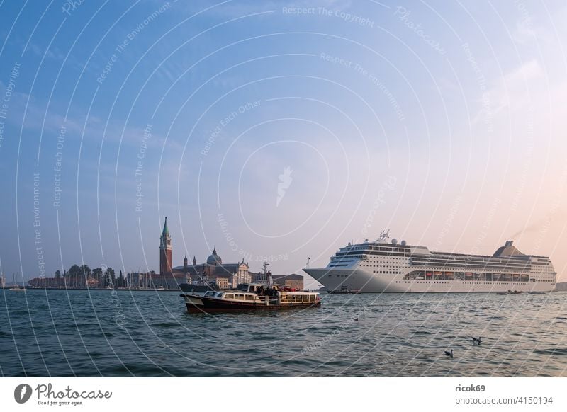 View of the island San Giorgio Maggiore with cruise ship in Venice, Italy Church boat Cruise liner Town Architecture San Marco vacation voyage Autumn Basilica