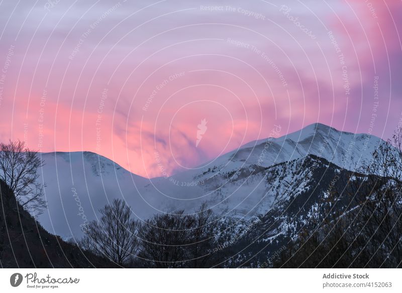 Snowy mountain in sunny day forest snow colorful slope peak landscape nature blue sky environment rock scenery range ridge picturesque wild hill cold top