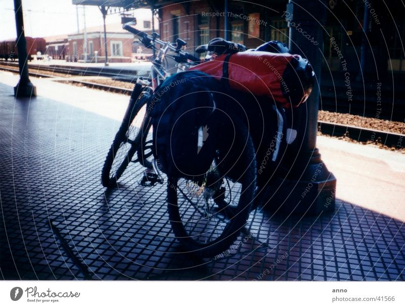 long journey Bicycle Luggage Cycling tour Vacation & Travel Overload Break Stop Transport Train station arrived