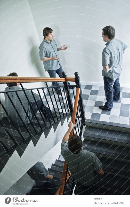 Rest in the stairwell! Human being Masculine Young man Youth (Young adults) Man Adults 5 Group To talk Communicate Exceptional Crazy Dream Perturbed Discordant