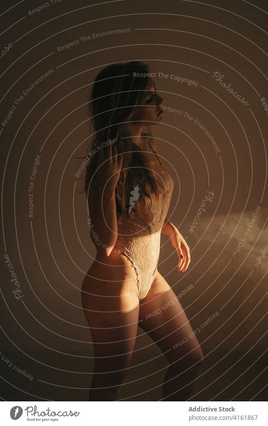 Sensual woman in bodysuit at home lace tender curve slim lingerie sunlight room touch female stand tranquil grace charming style seductive serene allure elegant