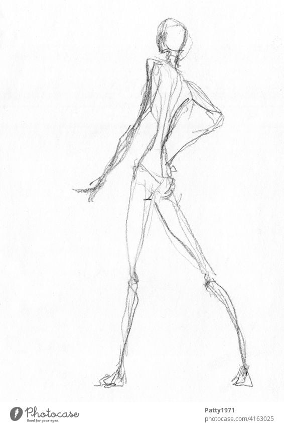Abstract pencil sketch of nude woman in confident pose Woman Model Pencil Scribbles Drawing Art Creativity Thin Anorexia Naked Woman's body scribble Rear view