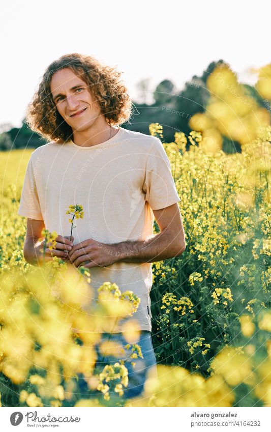 young man with curly hair with a yellow flower in a rapeseed flower field spring nature landscape che male portrait guy handsome person attractive caucasian