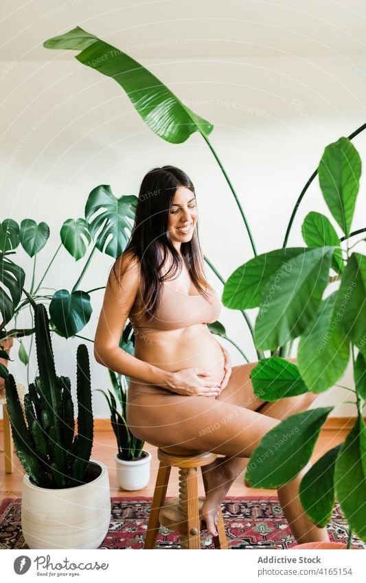 Delicate pregnant woman touching belly in room underwear lingerie prenatal pregnancy delicate tender female stool green tummy expect stomach mother anticipate