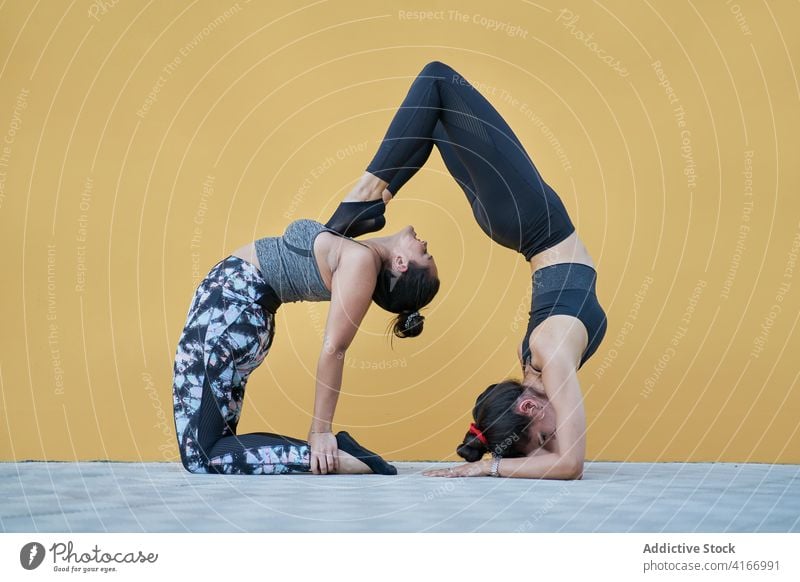 Two women doing yoga pose practicing yoga exercise in studio Stock