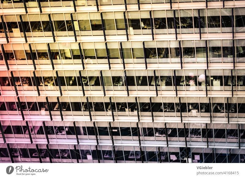 Building, office building with yellow / orange and pink reflection / color gradient Office Office building House (Residential Structure) Town Repeating Pink