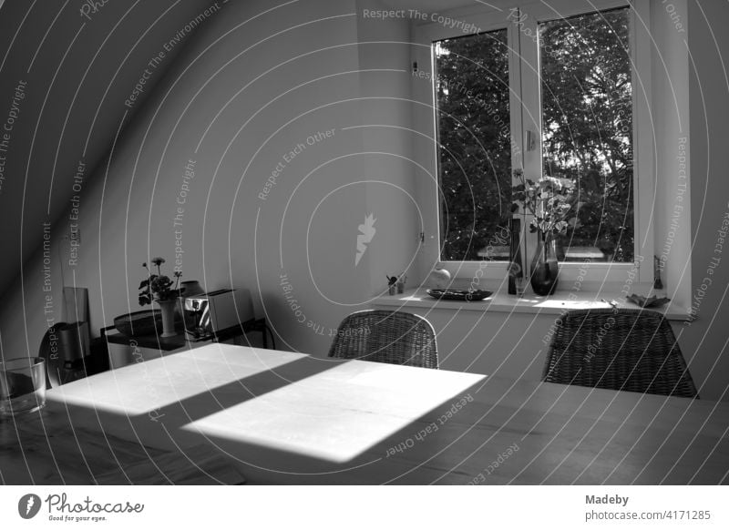 The sun shines through the window of a renovated attic apartment in a farmhouse in Rudersau near Rottenbuch in the district of Weilheim-Schongau in Upper Bavaria, photographed in traditional black and white