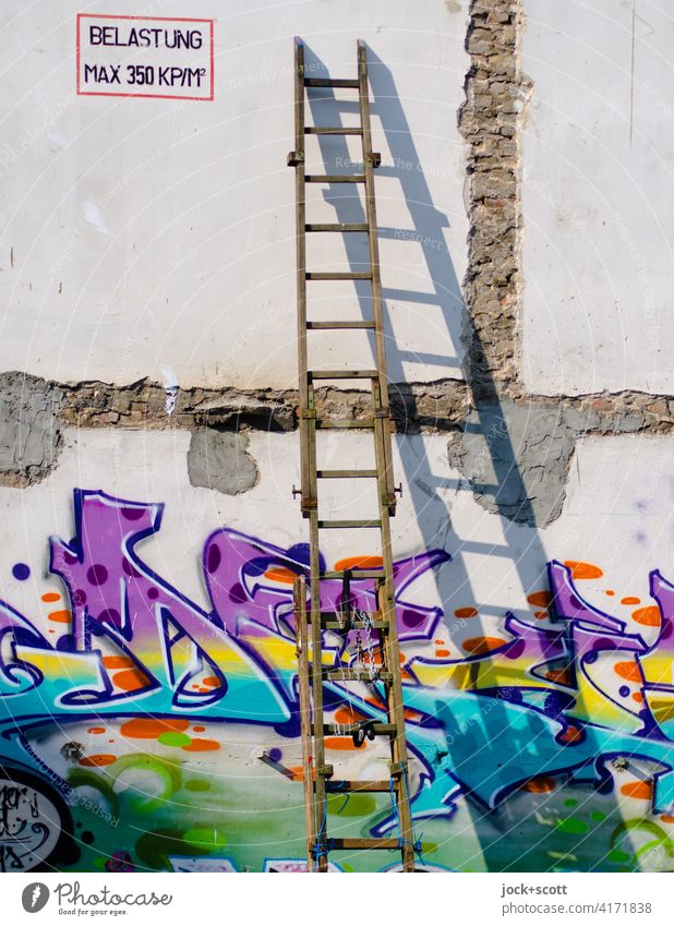 *3000* LOAD MAX 350 KP/M² Wooden ladder Wall (building) Ladder Shadow play Sunlight Graffiti Street art Characters Youth culture Creativity German lost places
