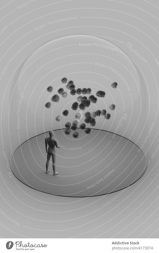 3d design with man inside glass with cells virus concept abstract figure illustration florarium transparent shape danger environment humanity science
