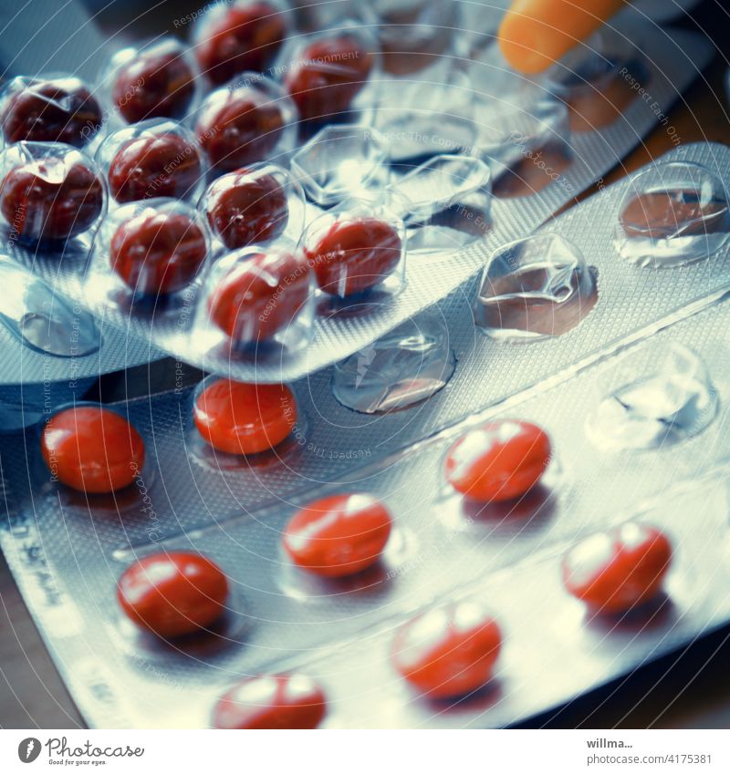 The pill, antidepressants or placebo? tablets Doping Medication Dragee medicine pills pastilles Lozenges Blister blister packaging Orange Visible packaging
