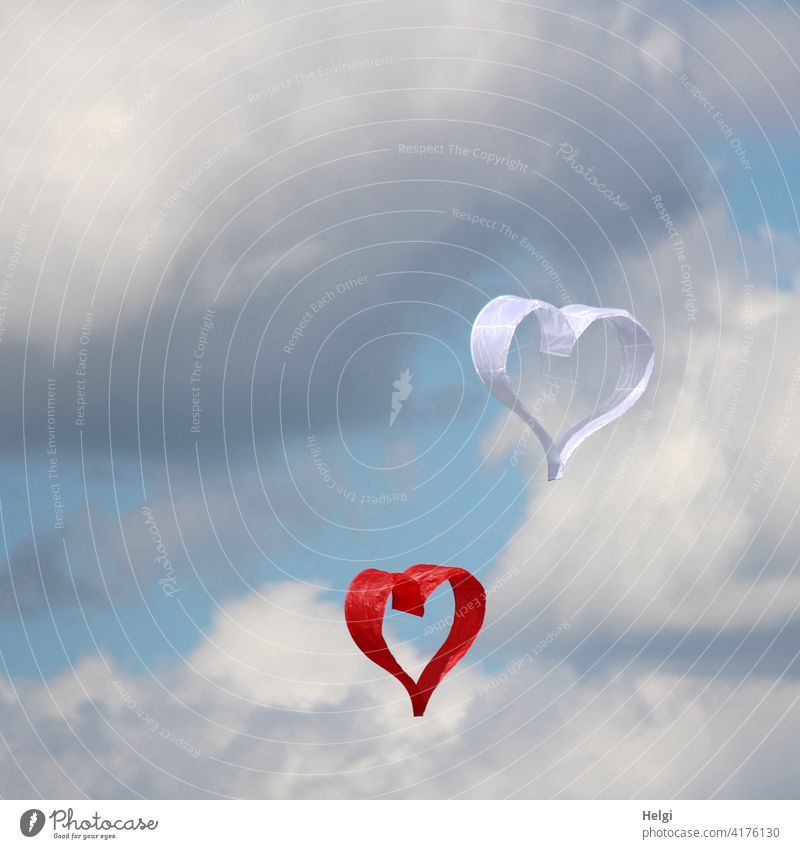 hearty - two paper dragons in the shape of hearts float in front of cloudy sky kites paper kite Heart Love Infatuation Happy Emotions Wedding Betrothal Together