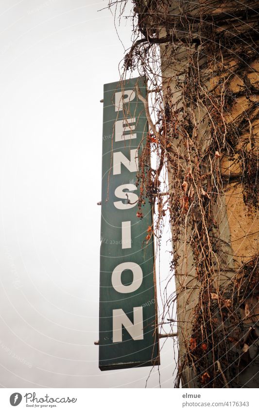 On a large greenish sign at an overgrown house wall is to be read in vertically arranged white capital letters PENSION / Overnight stay Boarding house