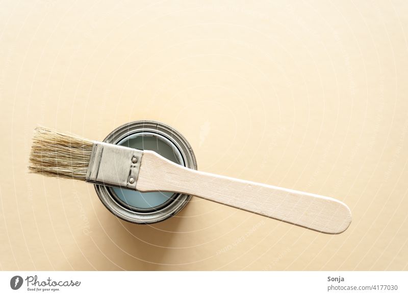 Top view of a paint can and a brush. Isolated beige background. Spray can Paintbrush Painting (action, work) Creativity Leisure and hobbies Painter Colour