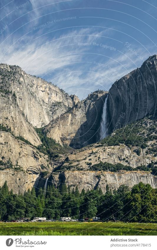 Amazing waterfall in mountains on sunny day yosemite national park scenery flow highland landscape rocky california america united states usa nature