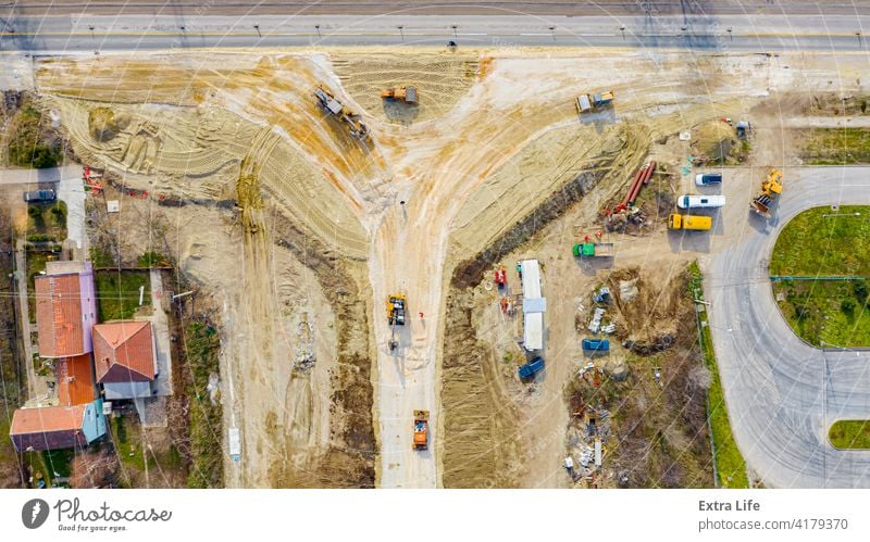 Aerial view on new road, roundabout under construction Above Architecture Asphalt Base Building Site Circular Civil Engineering Construction Crossroad Direction