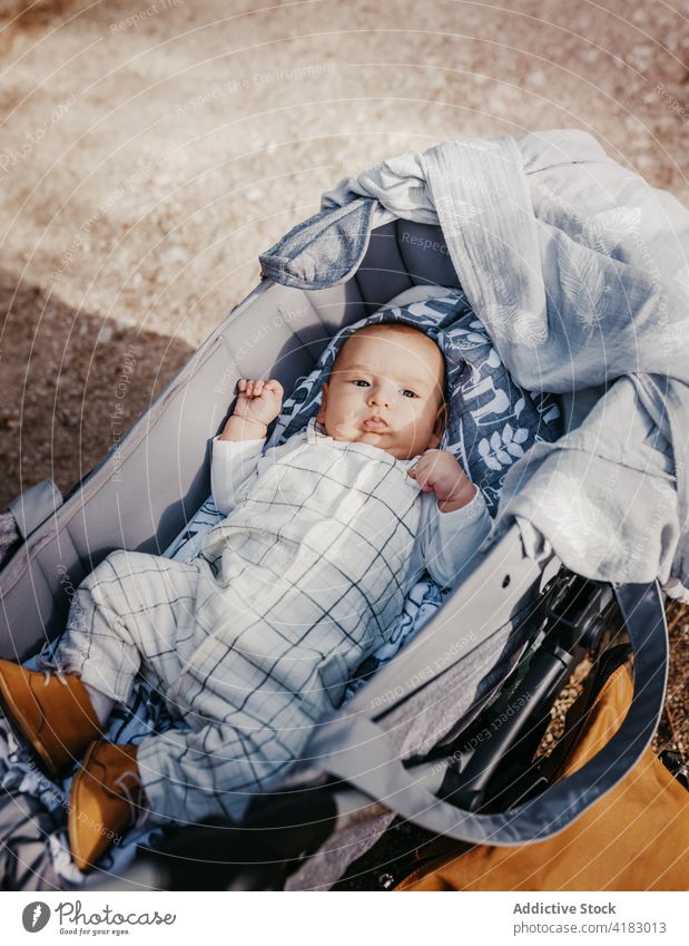 Little baby lying in carriage in park stroller infant little child kid cute serious childhood innocent babyhood childcare rest sweet calm tranquil healthy