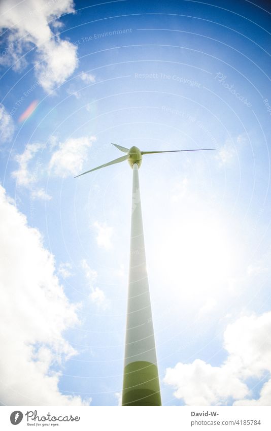 Wind turbine in sunshine and blue sky Pinwheel Wind energy plant Renewable energy Energy Energy industry Rotor Ecological Sky Technology Resource Propeller