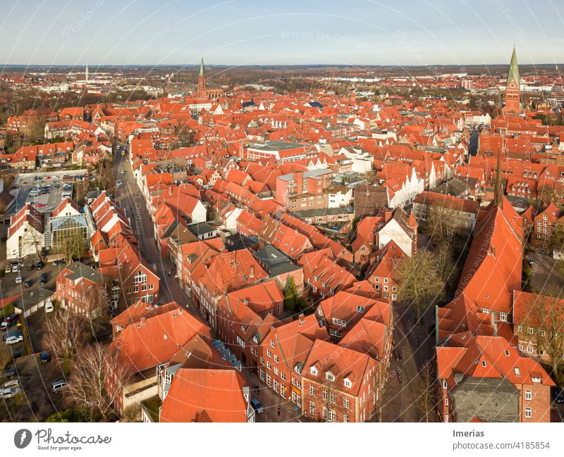 Lüneburg city centre from above Luneburg downtown drone Exterior shot Old town Deserted Copy Space top Architecture Facade Building UAV view from on high