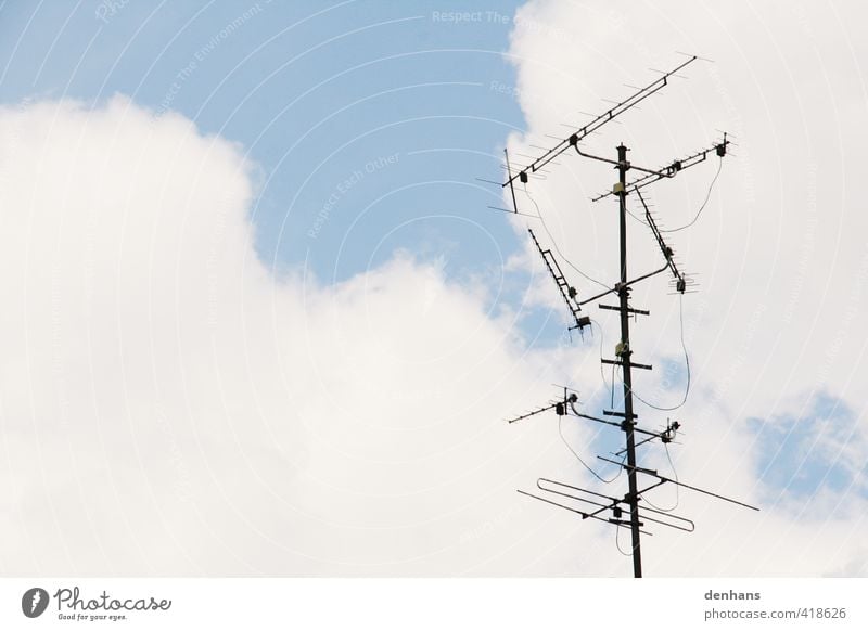 large reception Antenna Technology Sky Clouds Roof Old Above Blue Gray Loneliness Receive Ready to receive transfer Colour photo Exterior shot Copy Space left