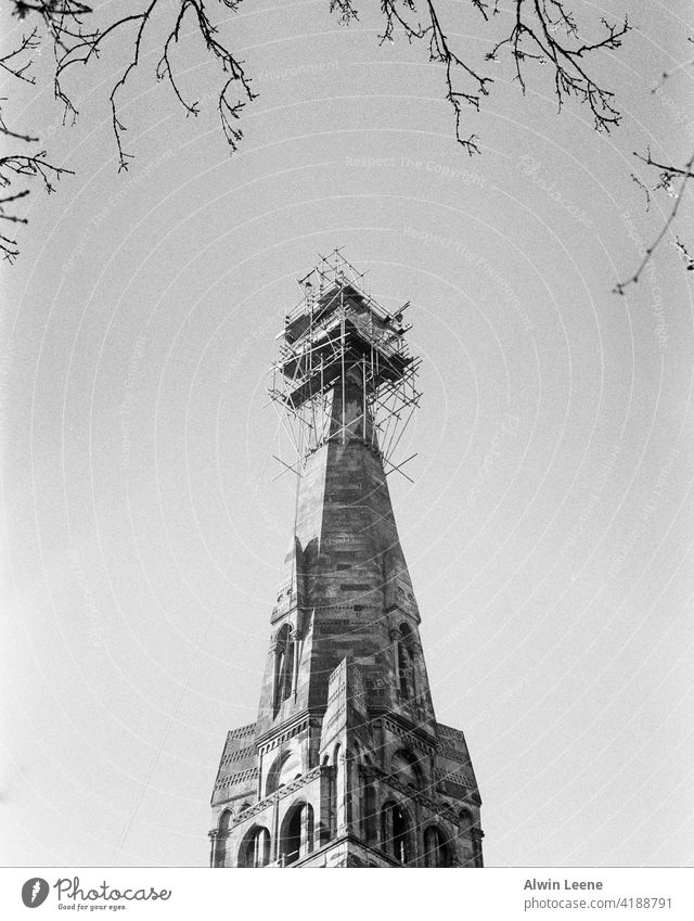 Construction on a Glasgow church Scotland Church Church spire uk united kingdom Building Architecture Analog film photography Black & white photo