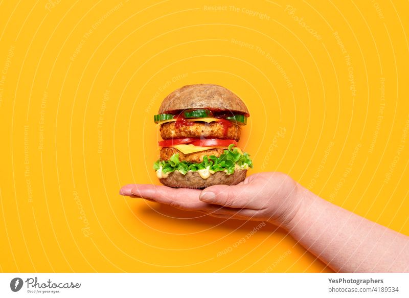 Veggie burger top view, isolated on orange background. Hand holding soy burger above alternative bread cheese cheeseburger color colored consumerism copy space