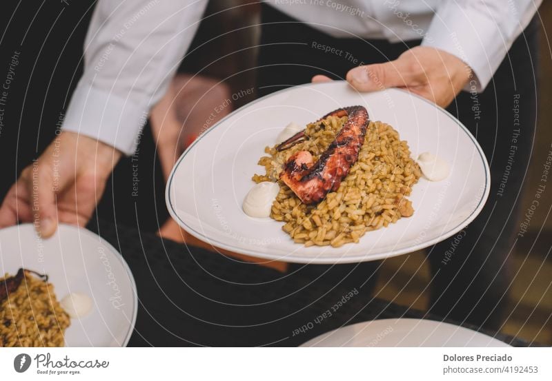 A delicious gourmet plate of rice with octopus tentacle in a luxury maritime European restaurant Octopus food paella cuisine dish cooked meal seafood cooking