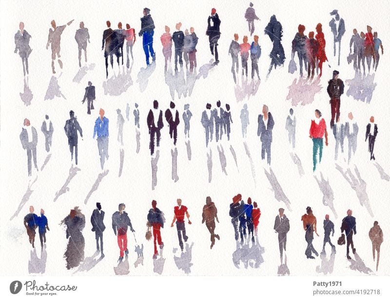 Abstract human silhouettes with drop shadows painted in watercolor Watercolors Silhouette People group Many Art Leisure and hobbies Creativity